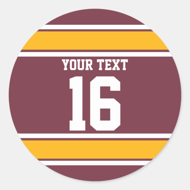 Personalized Burgundy and Gold Sport Stripes Classic Round Sticker (Front)