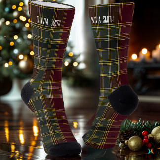 Personalized Burgundy and Gold Tartan Plaid Socks