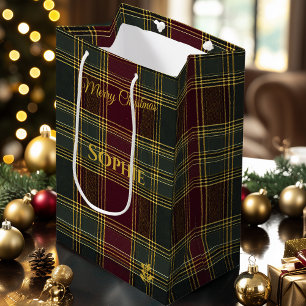 Personalized Burgundy and Green Plaid Christmas Medium Gift Bag