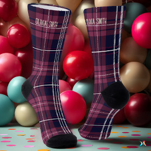 Personalized Burgundy and Navy Tartan Plaid Custom Socks