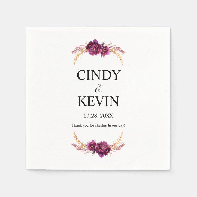 Personalized Burgundy Blossom Wedding Paper Napkin (Front)