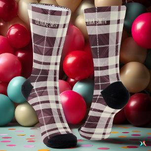 Personalized Burgundy & Cream Tartan Plaid Custom Socks