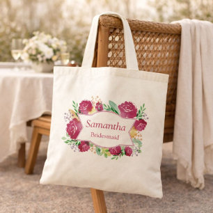 Personalized Burgundy Floral Bridesmaid Tote Bag