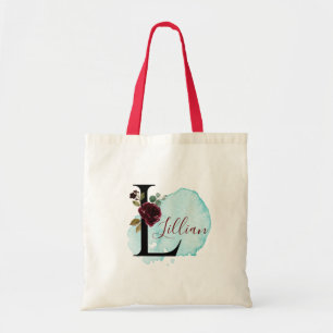 Personalized Burgundy Floral L Bridal Shower Gift Tote Bag