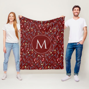Personalized Burgundy Floral MONOGRAM Fleece Blanket