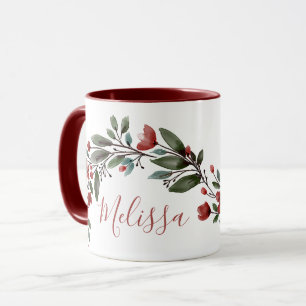 Personalized Burgundy Floral Monogram Name Mug