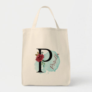 Personalized Burgundy Floral P Bridal Shower Gift Tote Bag