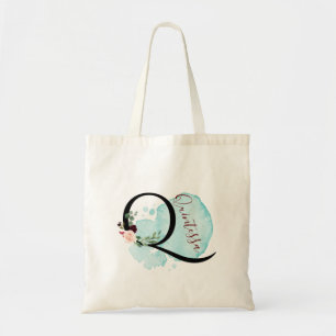Personalized Burgundy Floral Q Bridal Shower Gift Tote Bag