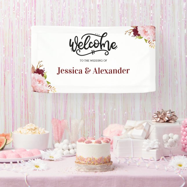 Personalized Burgundy Floral Wedding Banner (Party)