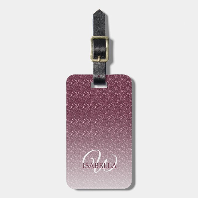 Personalized Burgundy Glitter Ombre Name Monogram Luggage Tag (Front Vertical)