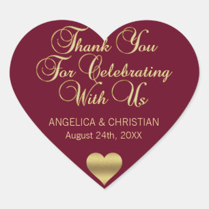 Personalized Burgundy Gold Thank You Heart Wedding Sticker