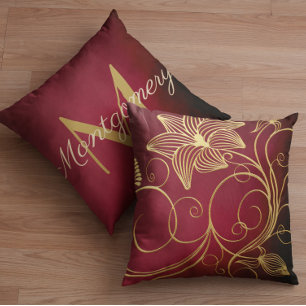 Personalized Burgundy Gradient Gold Floral Initial Throw Pillow