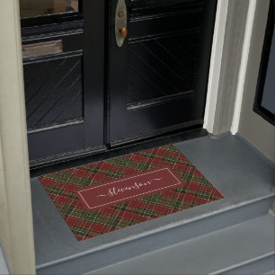 Personalized Burgundy Green Plaid Holiday Doormat