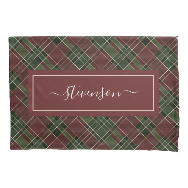 Personalized Burgundy Green Plaid Holiday Pillowcase (Front-Left)
