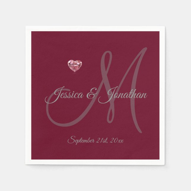 Personalized BURGUNDY Heart Monogrammed Wedding Napkin (Front)
