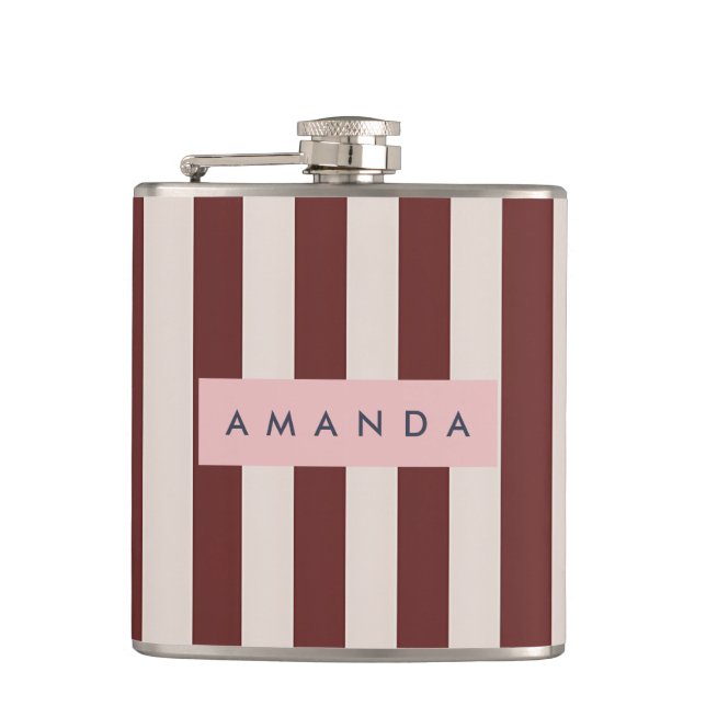 Personalized Burgundy & Ivory Stripe Hip Flask (Front)