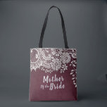 Personalized burgundy lace mother of the bride tote bag<br><div class="desc">Vintage floral lace design on cranberry burgundy red background,  with customizable "mother of the bride" script and custom name on the back,  elegant and classy,  great personalized gifts for mother of the bride.</div>