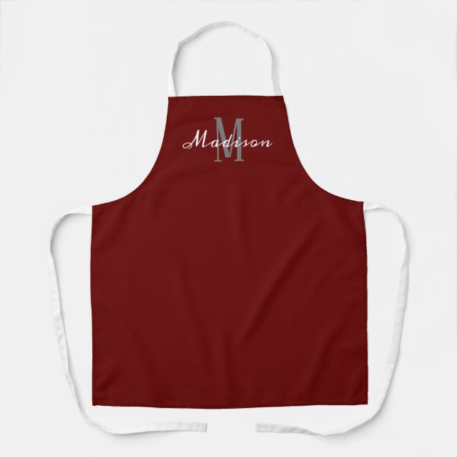 Personalized Burgundy Modern Script Monogram Apron (Front)