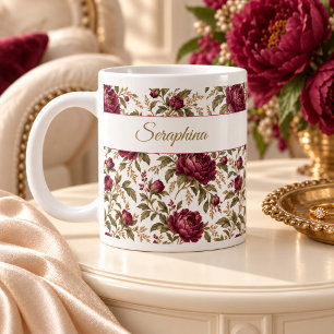 Personalized Burgundy Peony Floral Name Mug