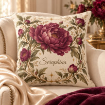 Personalized Burgundy Peony Ivory Throw Pillow
