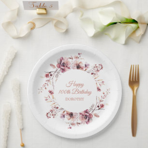 Personalized Burgundy Pink Floral 100th Birthday Paper Plate