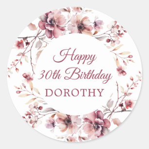 Personalized Burgundy Pink Floral 30th Birthday Classic Round Sticker