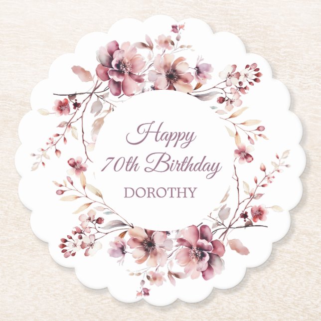 Personalized Burgundy Pink Floral 70th Birthday Paper Coaster (Front)