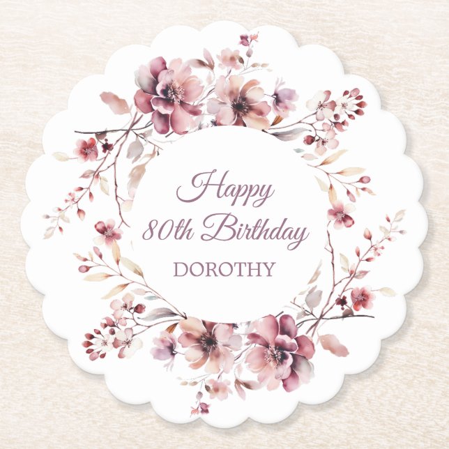 Personalized Burgundy Pink Floral 80th Birthday Paper Coaster (Front)