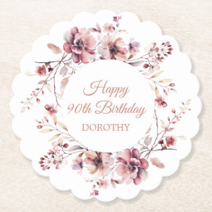 Personalized Burgundy Pink Floral 90th Birthday Paper Coaster