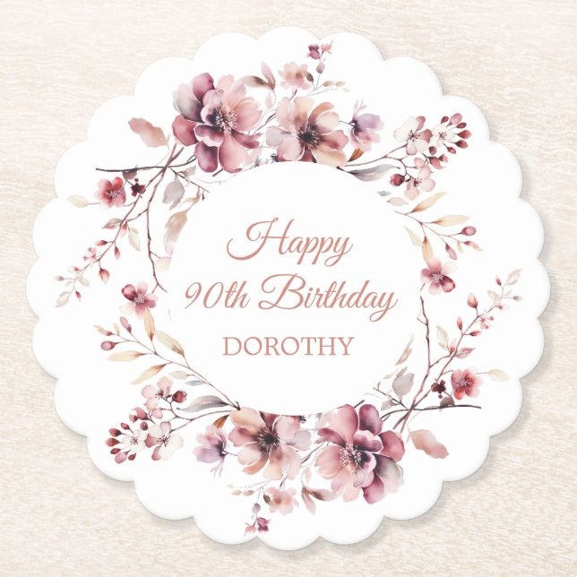 Personalized Burgundy Pink Floral 90th Birthday Paper Coaster (Front)