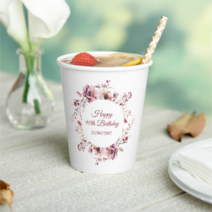 Personalized Burgundy Pink Floral 90th Birthday Paper Cups