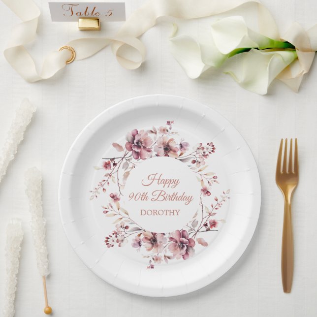 Personalized Burgundy Pink Floral 90th Birthday Paper Plate (Wedding)
