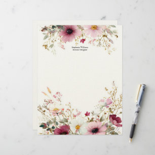 Personalized Burgundy Pink Wildflowers Florals Letterhead