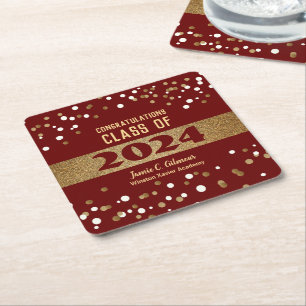 Personalized Burgundy red Class of 2024 Graduation Square Paper Coaster