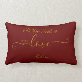 Personalized Burgundy Red Gold Love Quote Lumbar Pillow