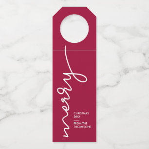 Personalized Burgundy Red   Merry Christmas Script Bottle Tag