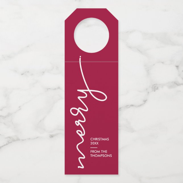Personalized Burgundy Red | Merry Christmas Script Bottle Tag (Front)