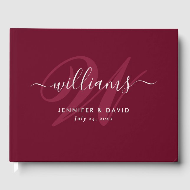 Personalized Burgundy Red Monogram Wedding Guest Book (Front)
