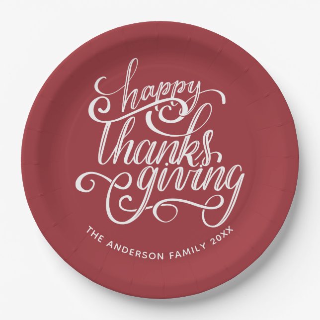 Personalized Burgundy Script Happy Thanksgiving Paper Plate (Front)
