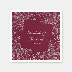 Personalized Burgundy Silver Grey Script Wedding Napkin