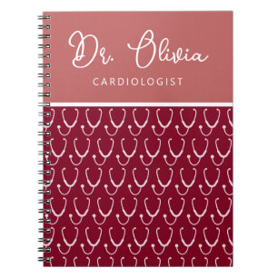 Personalized Burgundy Stethoscope Pattern Doctor Notebook