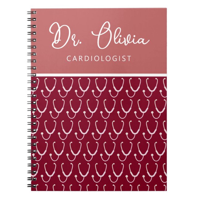 Personalized Burgundy Stethoscope Pattern Doctor Notebook (Front)