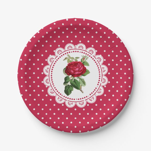 Personalized Burgundy Vintage Rose Paper Plates (Front)