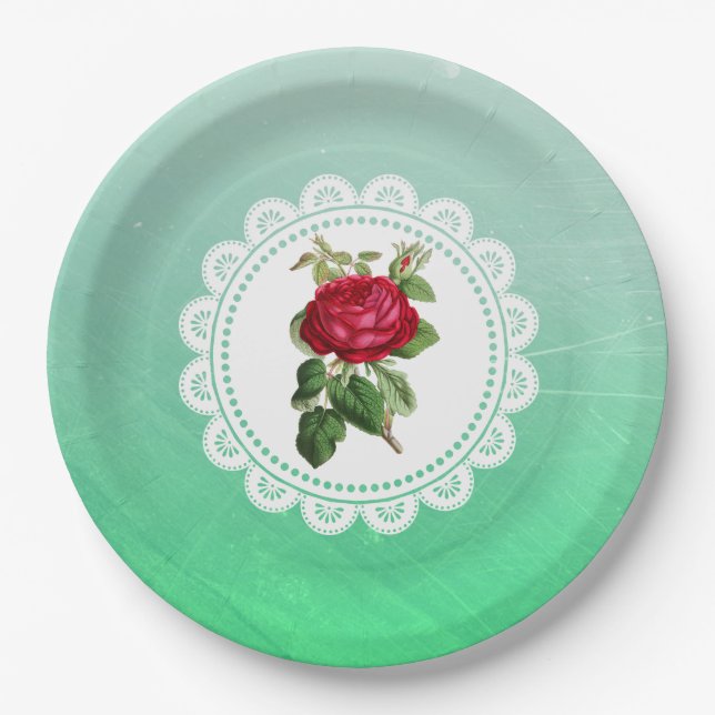 Personalized Burgundy Vintage Rose Paper Plates (Front)