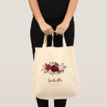 Personalized burgundy watercolor floral bridesmaid tote bag<br><div class="desc">Painted watercolor botanical floral in burgundy red,  blush pink and navy blue color,  modern and elegant,  great personalized bridesmaid gifts</div>