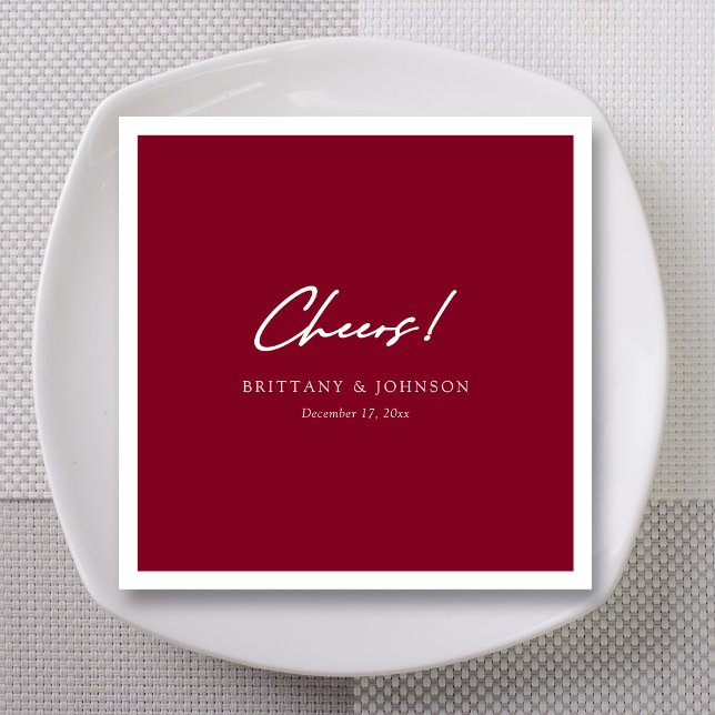 Personalized Burgundy Wedding Napkins (Personalized Unique White Cheers Script Burgundy Wedding Napkins)