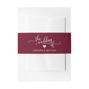 Personalized BURGUNDY White Diamond Heart Wedding Invitation Belly Band