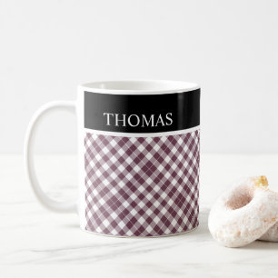 Personalized Burgundy White Gingham Custom Name Coffee Mug