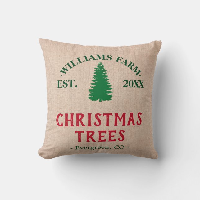 Personalized Burlap Christmas Tree Farm Throw Pillow (Front)