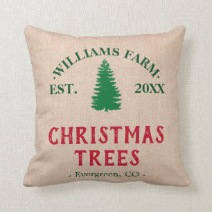 Personalized Burlap Christmas Tree Farm Throw Pillow
